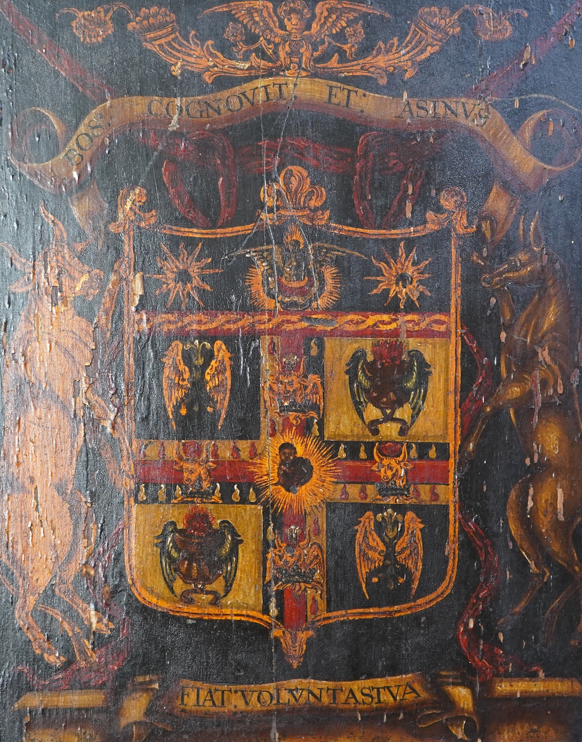 Continental school, Late 17th / early 18th century, Heraldic crest with donkey and ox